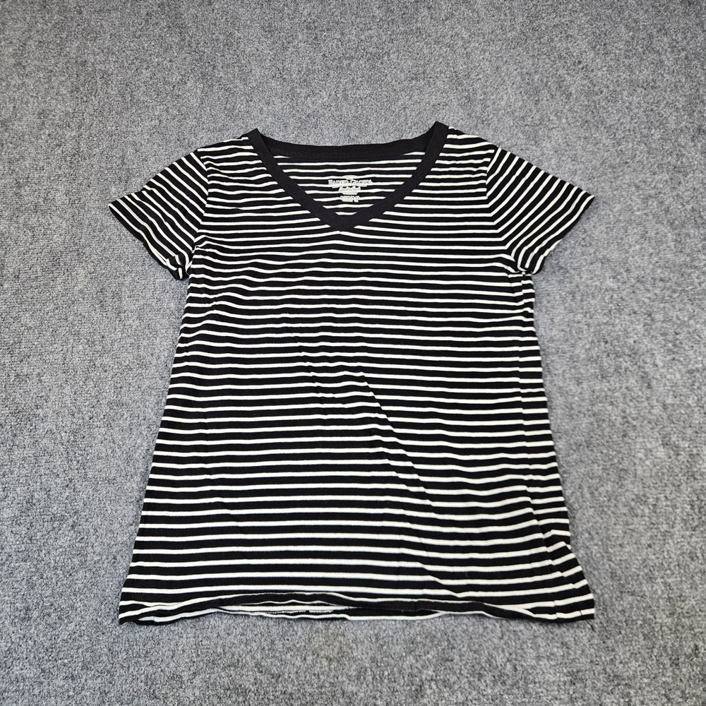 Faded Glory Womens Small Black White Striped V-Neck Short Sleeve Cotton T-Shirt